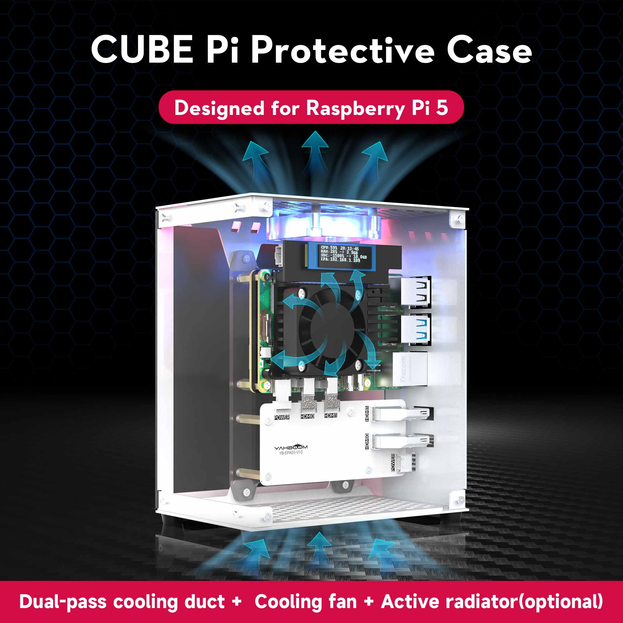 Pi 5 Case - Raspberry Pi 5-Gehäuseschutz-Set mit Lüfter, RGB-Farblicht